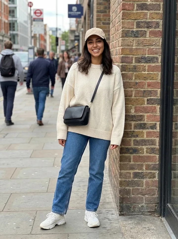 Casual street look with cream knit and jeans