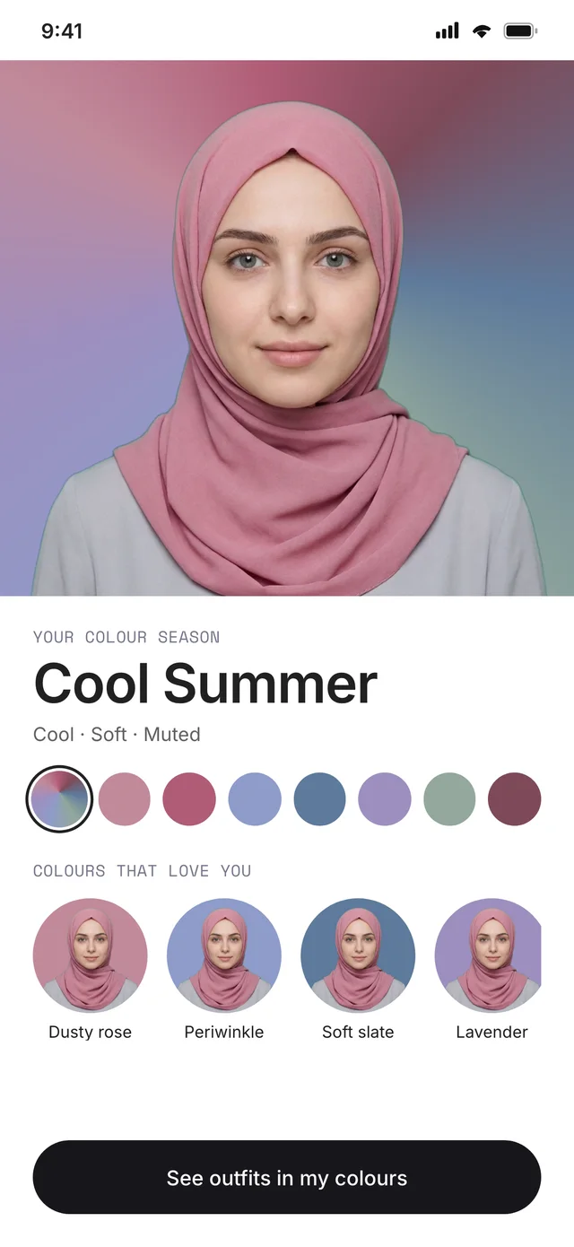 Fibe colour analysis screen showing the Cool Summer season and a personal palette