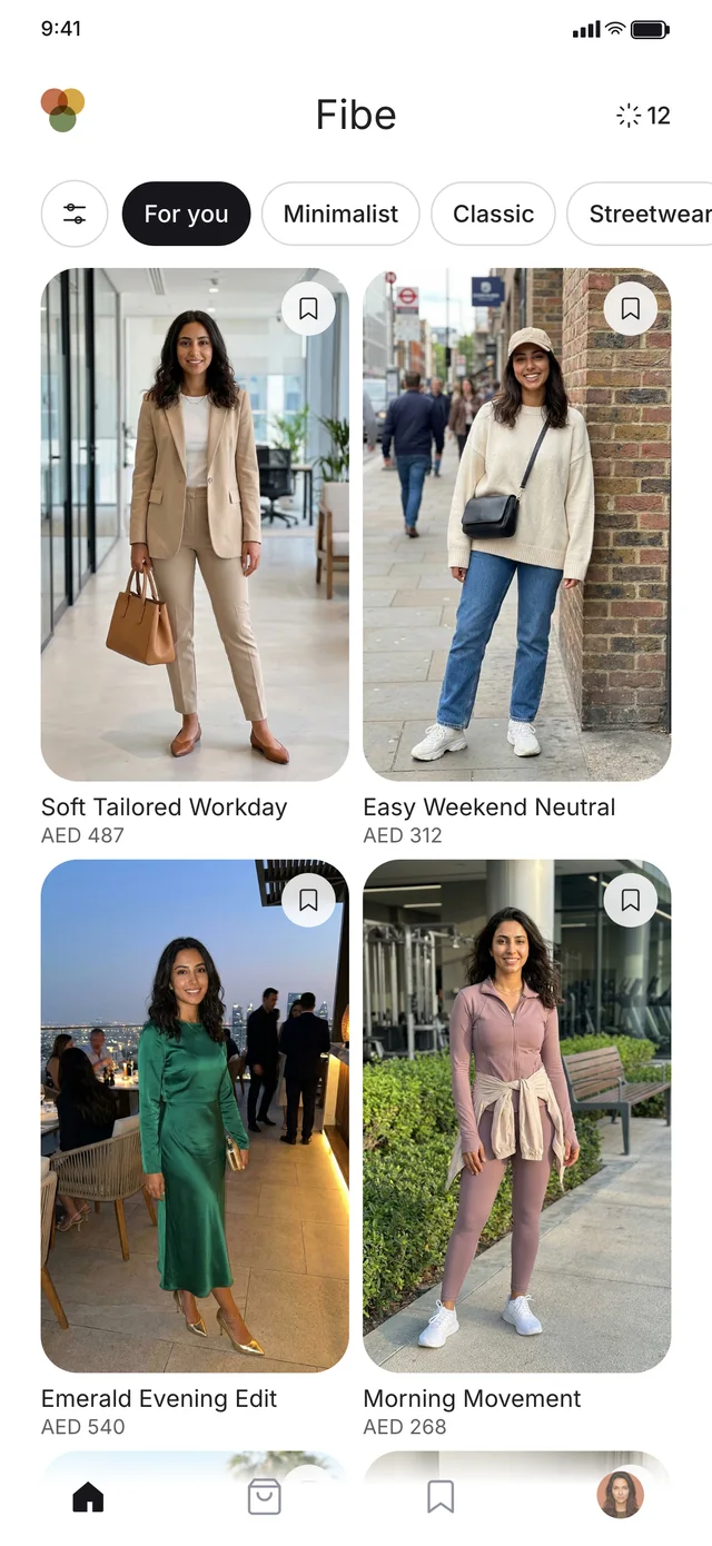 The Fibe app feed showing four AI-generated outfits of the same woman with AED prices