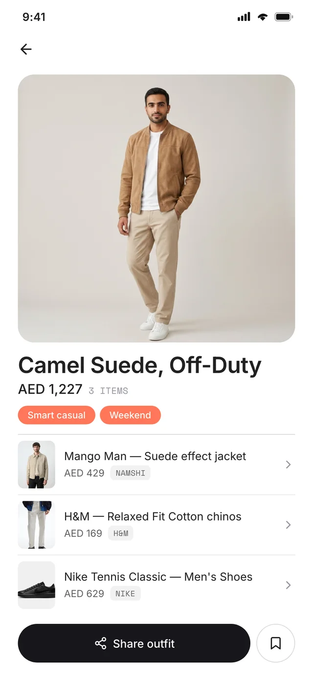 Fibe outfit detail: Camel Suede Off-Duty, AED 1,227, itemised with jacket, chinos and shoes