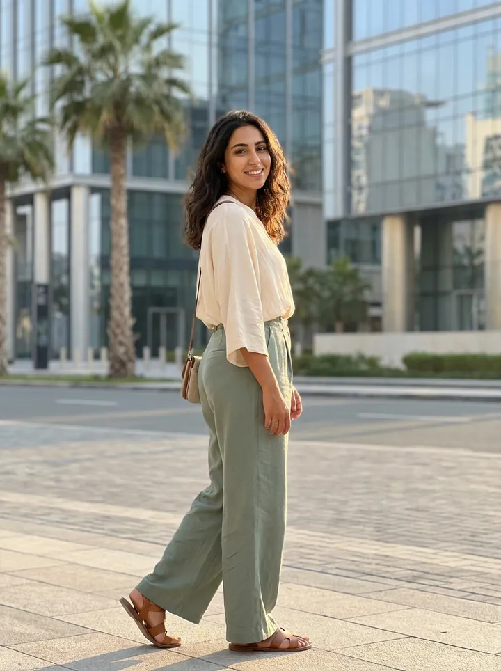 A full-body photo walking in the city