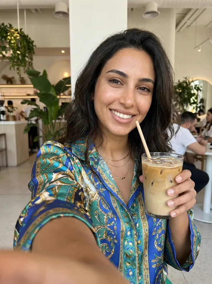 A casual selfie holding an iced coffee